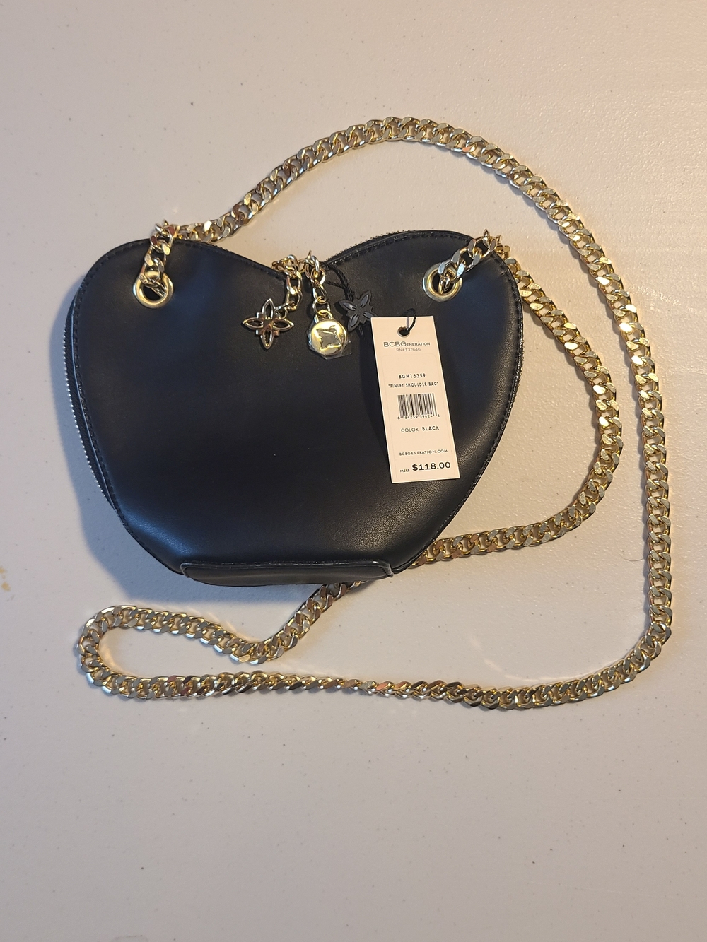 BCBGeneration Black Heart-Shaped Crossbody with Gold Chain